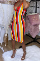 Blue Fashion Sexy Red Blue Pink Yellow Wine Red Navy Blue Tank Sleeveless V Neck Hip skirt Knee-Length Striped Dresses