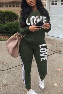Army Green Casual Striped Patchwork Solid pencil Long Sleeve Two Pieces