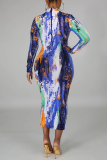 Blue Sexy Print Patchwork Half A Turtleneck Pencil Skirt Dresses