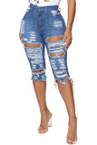 Blue Denim Button Fly Mid Patchwork Solid Hole washing Old Straight Capris Bottoms