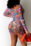 Purple Sexy Print Hollowed Out Patchwork V Neck Pencil Skirt Dresses