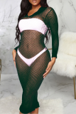 Pink Sexy Solid Mesh V Neck Pencil Skirt Dresses