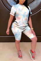 White Fashion Casual adult Patchwork Print Tie Dye Gradient Two Piece Suits pencil Short Sleeve Two Pieces
