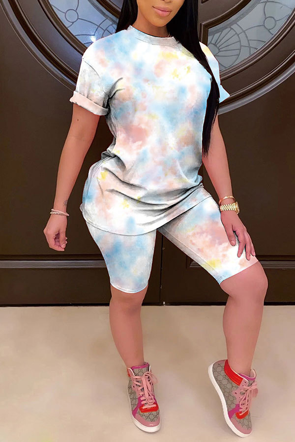 White Fashion Casual adult Patchwork Print Tie Dye Gradient Two Piece Suits pencil Short Sleeve Two Pieces