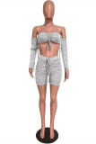 Grey Sexy Casual Solid Bandage Backless Strapless Long Sleeve Two Pieces