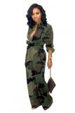 Blue Fashion Casual Button bandage Coloured drawing Camouflage Long Sleeve O Neck 