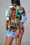 Blue Fashion Sexy Print Draw String Long Sleeve Four-piece Set
