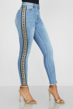 Blue Denim Zipper Fly Sleeveless Mid Solid Patchwork pencil Pants Pants