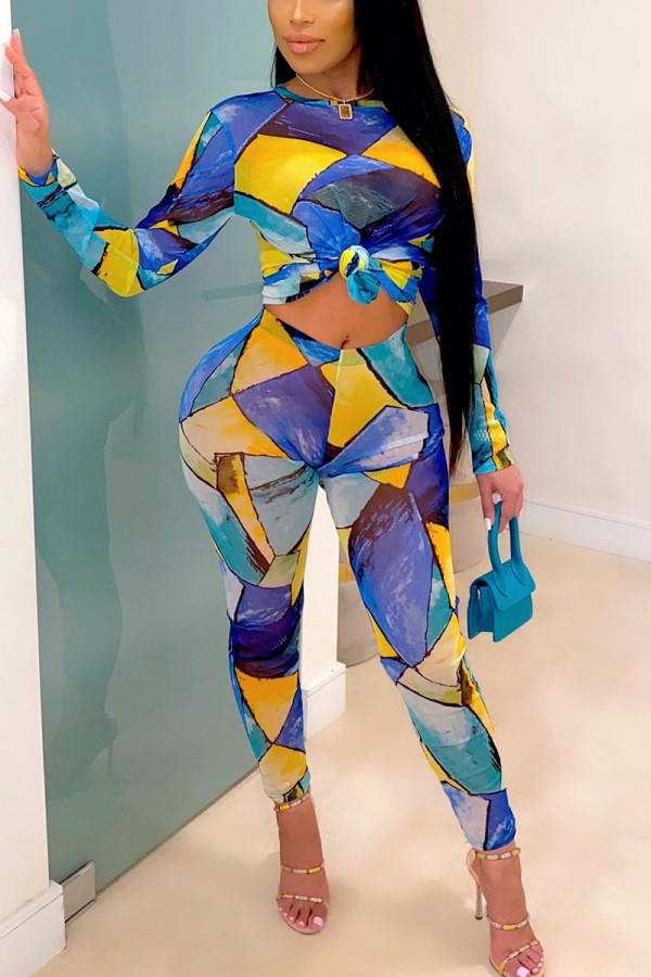 Multicolor Sexy Print O Neck Long Sleeve Two Pieces