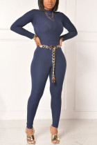 Blue Street Solid O Neck Long Sleeve Two Pieces