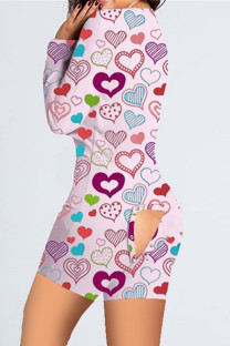 Pink Casual Living Print Basic V Neck Regular Romper