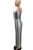 Black Casual Print Patchwork Strapless Straight Jumpsuits