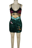 Green Sexy adult Fashion Spaghetti Strap Long Sleeves Slip Step Skirt Mini Patchwork Sequin Clu