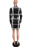 Black England Long Sleeves O neck Step Skirt Mini Print Plaid Dresses