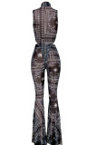 Black Network Sexy Print Mesh perspective HOLLOWED OUT Boot Cut Sleeveless Two Pieces