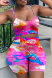 Colour Fashion Sexy Print Tie Dye Backless O Neck Sleeveless Two Pieces