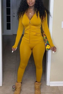 Yellow Fashion Sexy Solid Zipper Collar Long Sleeve Regular Sleeve Regular Two Pieces