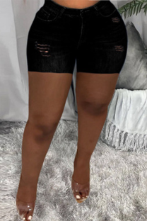 Black Casual Solid Ripped Mid Waist Skinny Denim Shorts