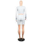 Grey Elastic Fly Mid Letter Loose Pants Two-piece suit
