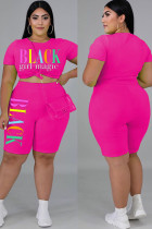 rose red Fashion Casual O Neck Letter Print Two Piece Suits Stitching Plus Size
