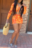 Red Sexy Print Patchwork V Neck Long Sleeve Two Pieces