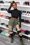 Army Green Elastic Fly Sleeveless Mid bandage Solid Patchwork Harlan pants Pants Pants