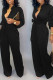Black Casual Solid Bandage Patchwork Buttons Turndown Collar Straight Jumpsuits
