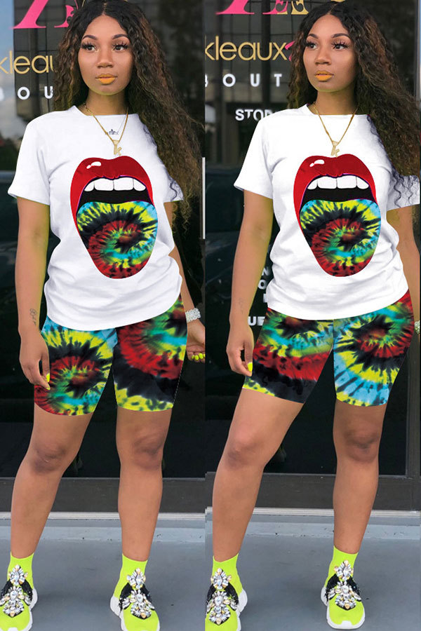 Green Fashion Active Casual Patchwork Print Tie Dye Straight Short Sleeve Two Pieces