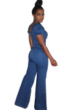 Light Blue Casual Backless Solid Chemical fiber blend Sleeveless V Neck 