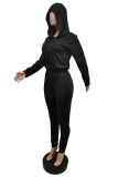 Black Sweet Solid Hooded Collar Jumpsuits