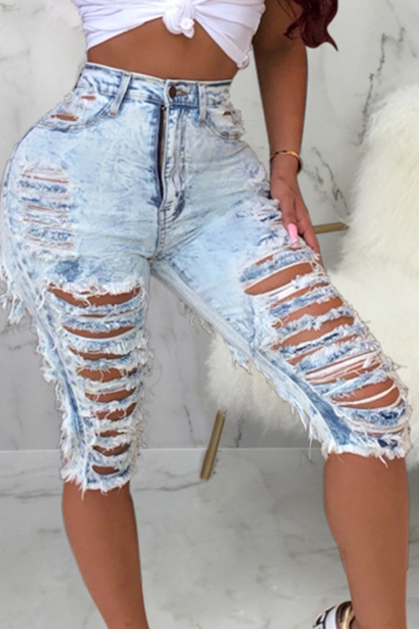 Blue Sexy Solid Ripped Mid Waist Skinny Denim Shorts