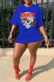 Blue Fashion Casual Print Basic O Neck Short Sleeve T-shirt Dress