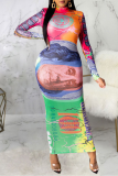 Red Yellow Sexy Print Mesh O Neck Pencil Skirt Dresses