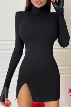 Black Sexy Solid Slit Turtleneck Straight Dresses
