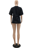 Black Casual Print Patchwork O Neck Mid Waist T-Shirts
