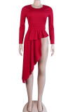 Red O Neck Long Sleeve Stringy selvedge Solid asymmetrical Long Sleeve Tops
