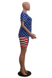 Red and blue Fashion adult Lightly cooked Striped Patchwork Print Two Piece Suits Straight Short Sleeve Two Pieces