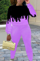 purple Casual Print O Neck Long Sleeve Regular Sleeve Regular Two Pieces