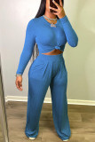Blue Sexy Casual Solid Patchwork O Neck Long Sleeve Two Pieces