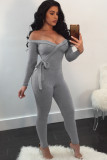 Light Gray Sexy Solid bandage Patchwork Long Sleeve V Neck Jumpsuits