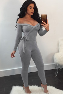 Light Gray Sexy Solid bandage Patchwork Long Sleeve V Neck Jumpsuits