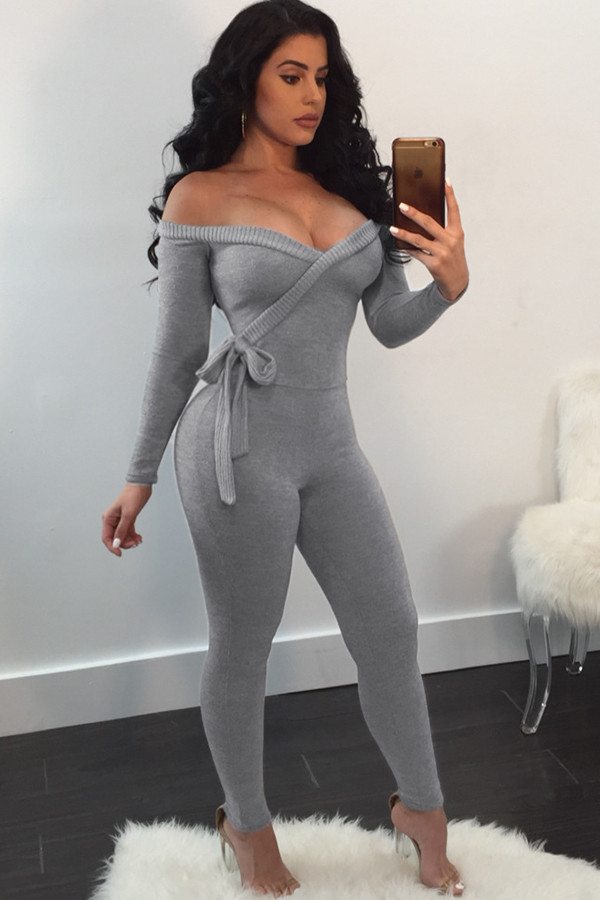 Light Gray Sexy Solid bandage Patchwork Long Sleeve V Neck Jumpsuits