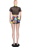 Green Sexy Print See-through Mesh Turtleneck Short Sleeve Two Pieces