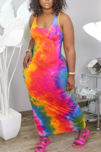 Pink FashionOff The Shoulder Sleeveless O neck Step Skirt Ankle-Length Print Patchwork Tie and dye Dresses