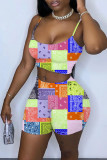 Yellow Sexy Casual Print Backless Spaghetti Strap Sleeveless Two Pieces