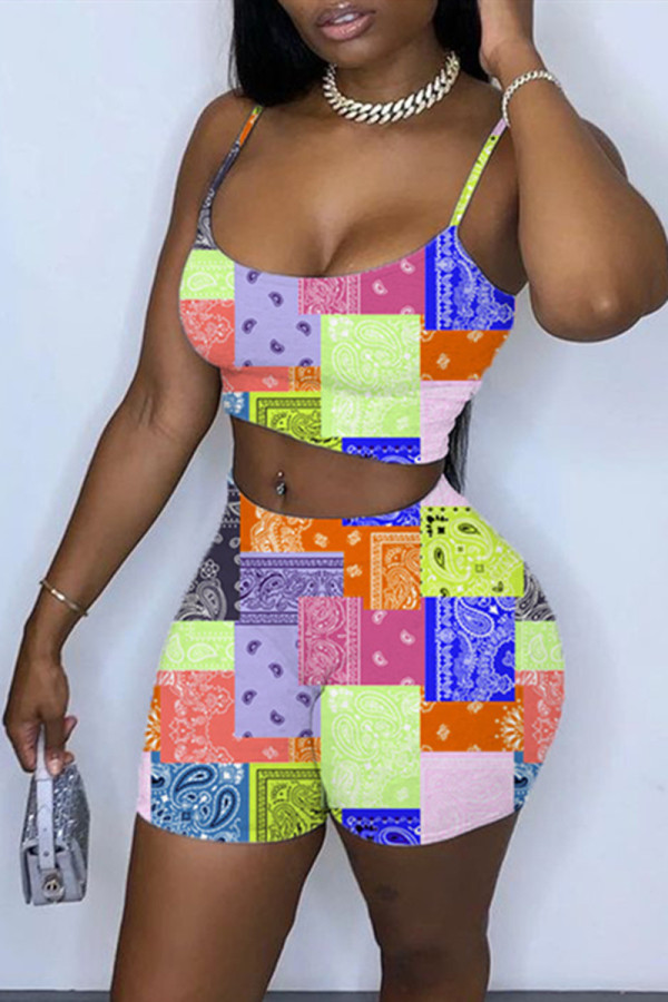 Green Sexy Casual Print Backless Spaghetti Strap Sleeveless Two Pieces