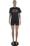 Orange Fashion Casual Active Letter Lips Print Short Sleeve Two Pieces