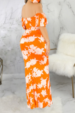 Yellow Sexy Print Patchwork Off the Shoulder Wrapped Skirt Dresses