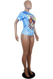 Blue White Blue Orange Yellow colour O Neck Short Sleeve Patchwork Print Character Tops