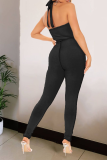 Black Street Solid Draw String V Neck Skinny Jumpsuits
